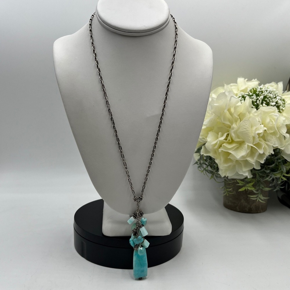 Artisan Aqua Larimar Chalcedony Turquoise Y Sterling Silver Pendant necklace